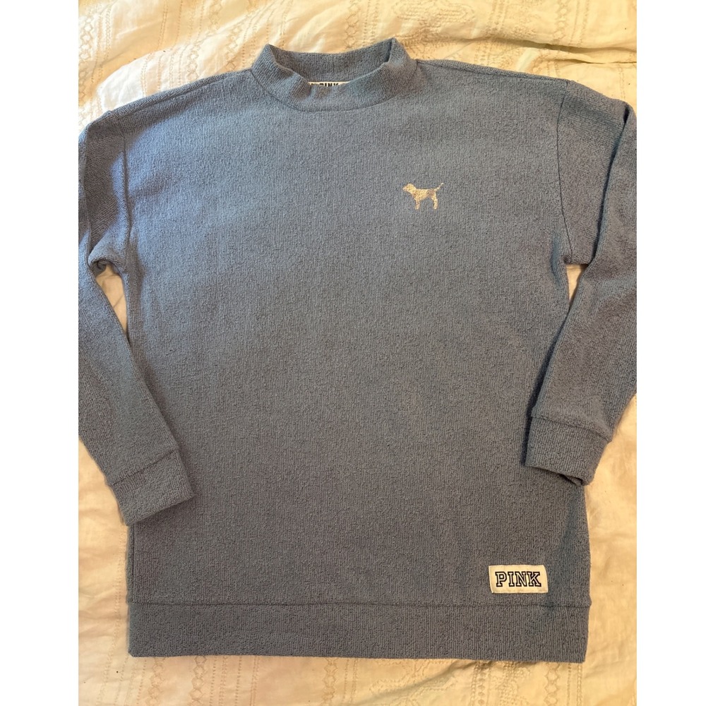 Victoria's Secret PINK Blue Terry Mock Neck Crew‎ Pullover Sweatshirt, XS